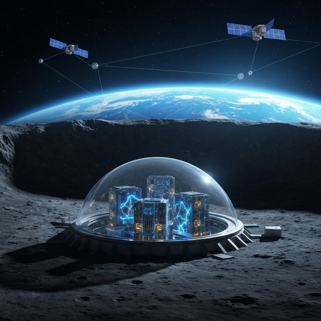 Quantum research laboratory built inside a lunar crater with Earth visible on the horizon and orbital relay satellites overhead