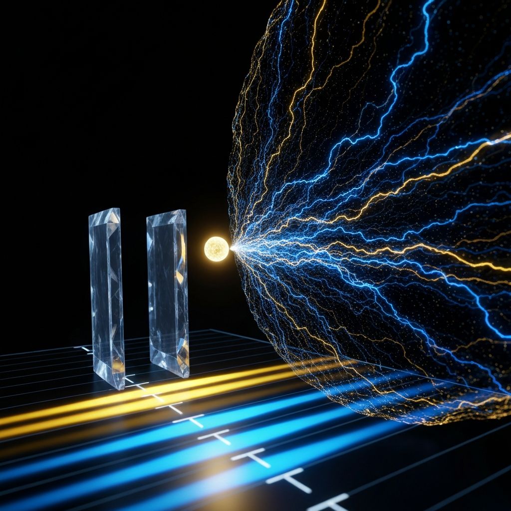 Quantum wave-particle duality visualization showing a photon transitioning between wave and particle states with interference patterns