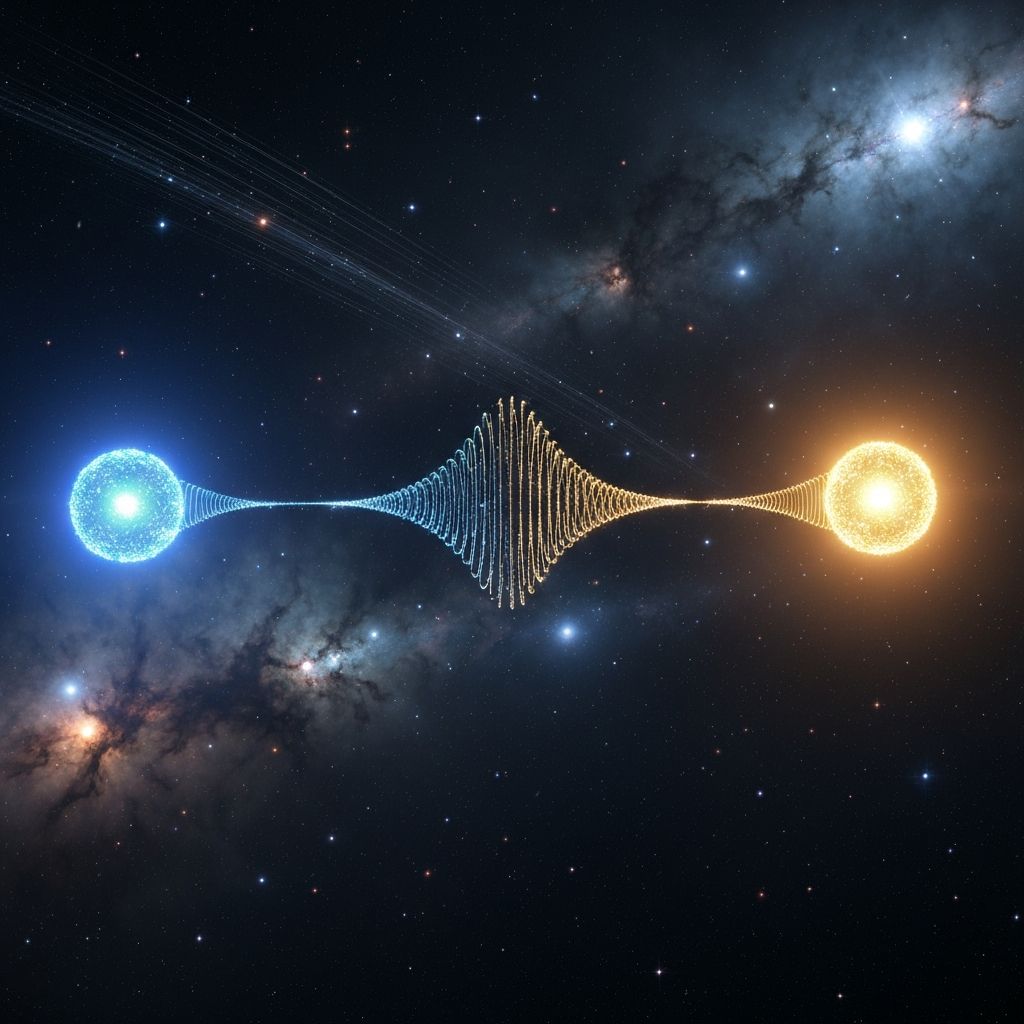 Two entangled quantum particles connected by a luminous correlation thread across deep space with nebula backdrop