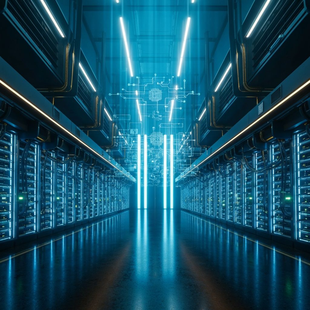 Futuristic xAI Colossus-scale quantum computing facility with glowing quantum processors and holographic circuit diagrams